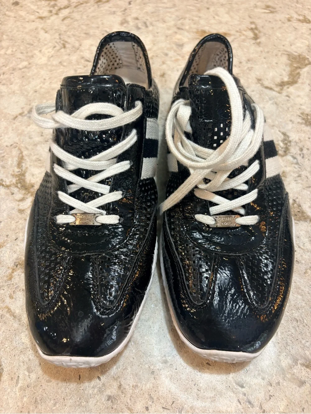 Michael Kors Black Patent Sneakers with White Stripes and Laces